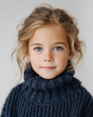 Little girl with blonde hair wearing a navy chunky knit sweater poses for a portrait, showcasing her bright blue eyes and soft curls against a neutral background