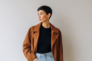 Stylish woman with short hair wearing a brown suede jacket and black top stands confidently against a neutral background, showcasing modern fashion and elegance with copy space