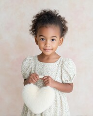 Young girl with curly hair wearing a floral dress holds a fluffy heart-shaped accessory while posing against a soft pastel background in a portrait setting