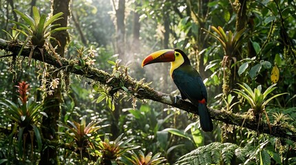 Vibrant Toucan Perched on Mossy Branch in Sunlit Rainforest