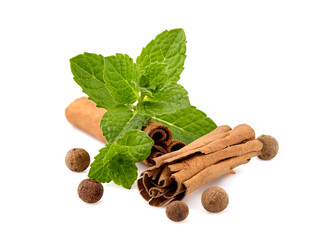 Mint leaves with  cinnamon and pepper isolated on white background. Peppermint with spices.