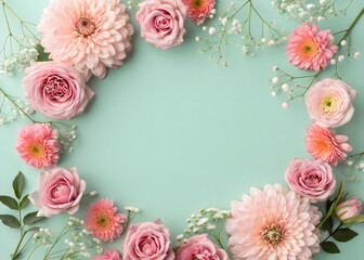 Fototapeta premium A delicate floral arrangement with pink and peach flowers arranged in a circular frame against a pale green background. Featuring roses and gerberas