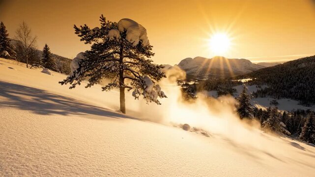Snowy tree on hill with sun rays and mountain backdrop