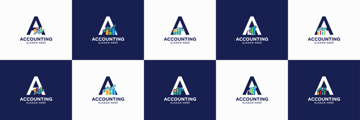 set of accounting logo design. usable for financial, marketing, investment, insurance identity icon. letter A with chart bar symbol.