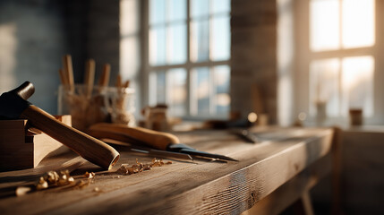 Rustic workshop scene with hand tools on wood table surrounded natural light minimalistic background renovated space crafting environment artisan workspace defocused