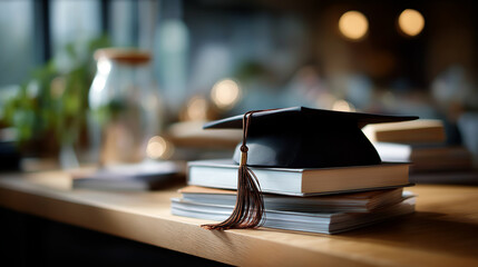 Graduation cap resting on books evoking academic success pursuit of knowledge educational achievement scholarly goals learning accomplishment defocused background with copy