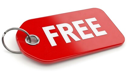 Red tag with the word FREE in large white capital letters, attached to a keychain ring, symbolizing a promotional offer or giveaway