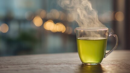 Steaming green beverage in a clear glass cup with blurred lights in the background, capturing a cozy and inviting atmosphere of relaxation and warmth.