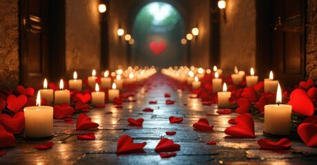 Fototapeta premium Romantic corridor filled with candles, rose petals. Heart shape visible distant light source. Warm, intimate atmosphere.