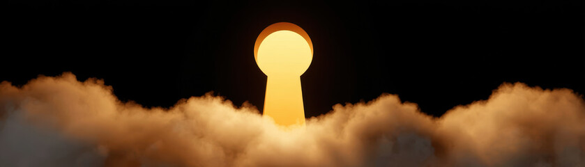 Golden keyhole silhouette glowing above soft clouds on black background, symbolizing mystery and opportunity with warm light and dreamy atmosphere