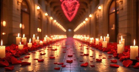 Fototapeta premium Romantic corridor, candles illuminate path. Rose petals scattered, heart glows distantly. Warm lighting creates intimate mood.