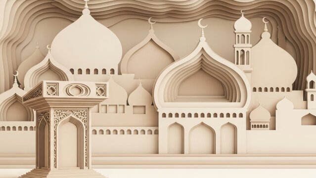 Intricate beige mosque model with domes and archways on display