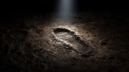 Footprint in muddy ground illuminated by focused beam of light, creating dramatic and mysterious atmosphere in dark soil