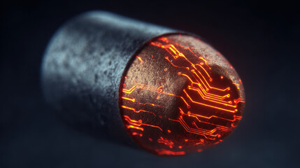 Glowing bullet casing with illuminated circuit pattern on base, showcasing futuristic and high tech design in dark setting