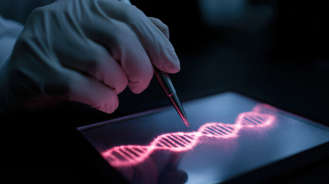DNA analysis concept with glowing double helix on digital screen and gloved hand holding pen, scientific research in dark lab - Powered by Adobe