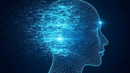 Digital human head composed of blue data particles on a transparent background isolated on transparent background