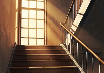 Wooden staircase leading to a window with bright sunlight streaming through glass panes and illuminating dust particles in an empty interior hallway