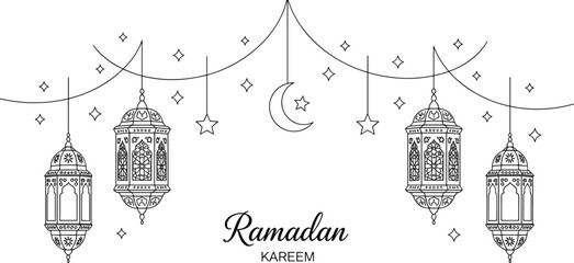 Vector Banner for Ramadan Kareem Featuring a Garland of Four Intricate Line Art Lanterns with Hanging Stars and a Central Crescent Moon for Islamic Holiday Celebration