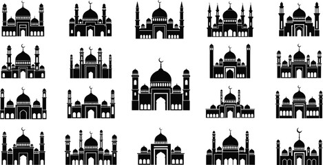 Vector Collection of 20 Detailed Mosque Silhouettes Featuring Diverse Architectural Styles with Domes and Minarets for Ramadan Kareem and Eid Mubarak Islamic Holiday Design