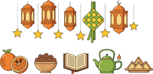 Vector Collection of Colorful Ramadan Kareem Icons Featuring Ornate Orange Lanterns Yellow Stars Green Ketupat Holy Quran Bowl of Dates and Traditional Arabic Tea Set