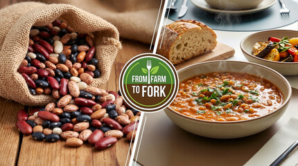 Farm to fork agrifood system transformation concept, mixed dry beans in burlap sack and hearty bean soup with bread and vegetables, sustainable food supply chain.