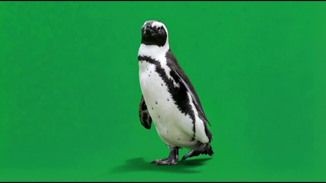 Full-body shot of an adorable African penguin waddling or walking upright against a bright chroma key green screen background, perfect for compositing and wildlife projects.