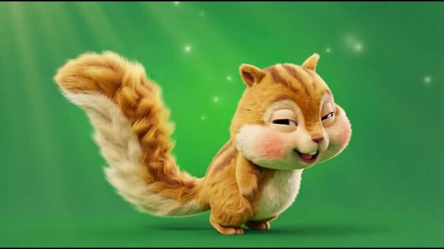 Adorable CGI squirrel character with rosy cheeks and a happy, satisfied expression standing against a magical, vibrant green backdrop.