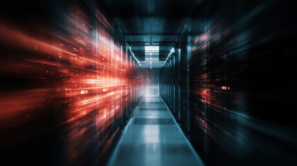 Cyber security data center corridor network technology future abstract tunnel blue red light speed motion blur