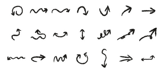 Hand drawn crayon black brush stroke arrows. Pencil doodle arrows. Vector EPS 10