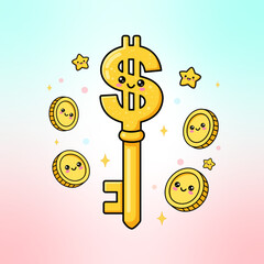 Key to Financial Success: A vibrant illustration showcasing a cartoon dollar sign key, symbolizing wealth and unlocking financial opportunities. Adorned with smiling coins and stars.