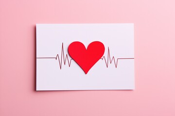 White card featuring ECG line forming a heart, centered with red paper cutout. Soft pink backdrop, professional studio photography. Ideal for healthcare and romantic theme advertising.