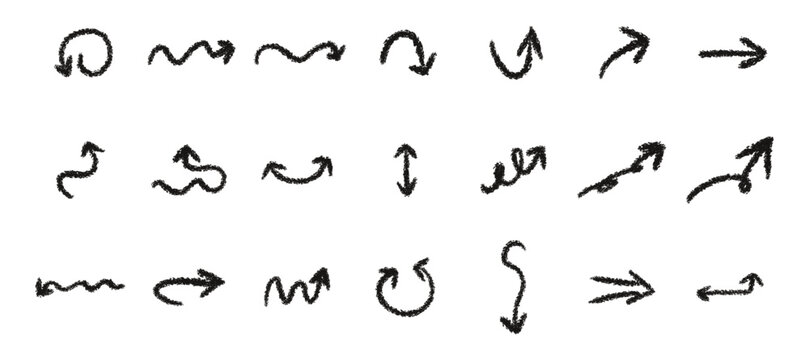 Hand drawn crayon black brush stroke arrows. Pencil doodle arrows. Vector EPS 10