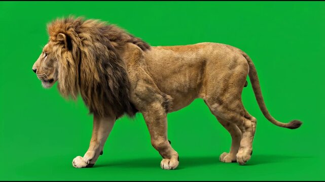 Majestic male African lion walking in profile with thick mane, isolated on bright green chroma key background for easy compositing.