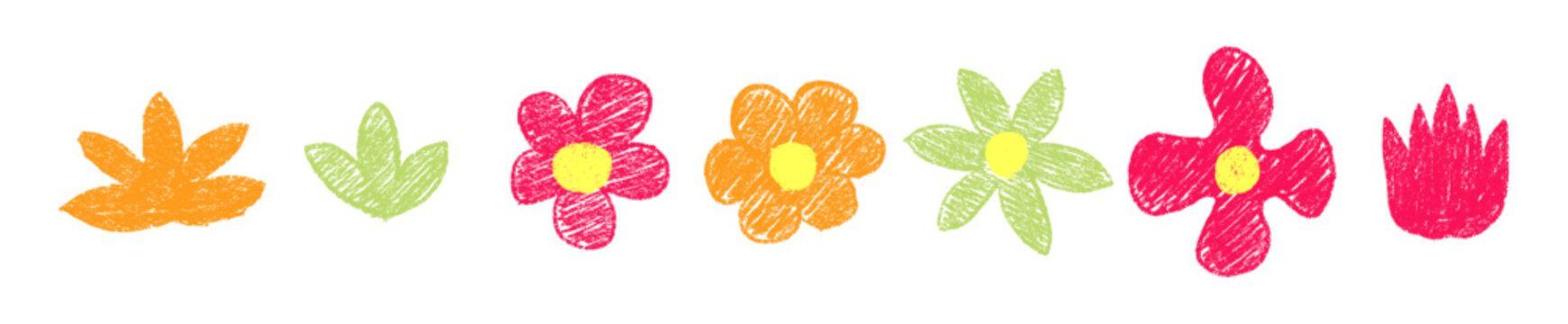 Hand drawn crayon color brush stroke flowers. Pencil doodle flowers. Vector EPS 10