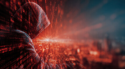 Hacker cyber security data breach cyber attack hooded figure digital matrix red light binary code glowing city cyber threat