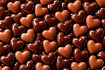 Fototapeta premium Chocolate heart candies filling the frame in a repeating pattern.