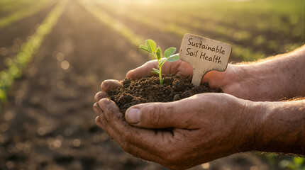 Hands holding fertile soil with young seedling, sustainable soil health sign in cultivated farm field at sunrise, regenerative agriculture, soil biodiversity and fertility concept.