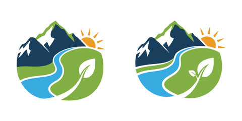 Minimalist nature landscape illustration with mountains, winding river, rising sun, and green leaf element