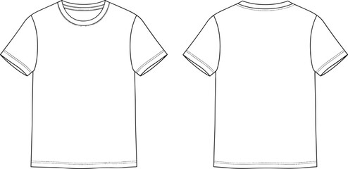 Vector Fashion Flat Sketch of Men's Basic Short Sleeve T-Shirt Featuring a Crew Neckline and Double-Needle Topstitching on Front and Back Views for Apparel Design Template