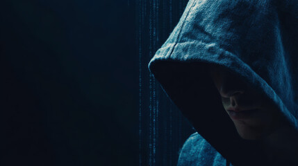Cyber security hacker in hood dark anonymity concept, cyber crime threat background mysterious mood