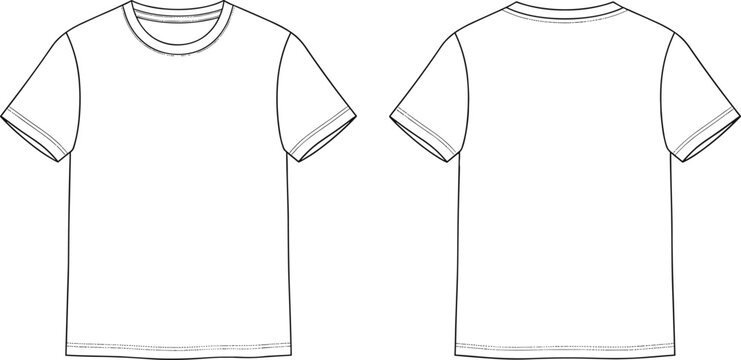 Vector Fashion Flat Sketch of Men's Basic Short Sleeve T-Shirt Featuring a Crew Neckline and Double-Needle Topstitching on Front and Back Views for Apparel Design Template