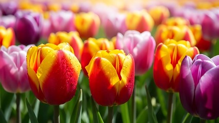 Close-up view of dew-covered red and yellow tulips blooming in a colorful spring field