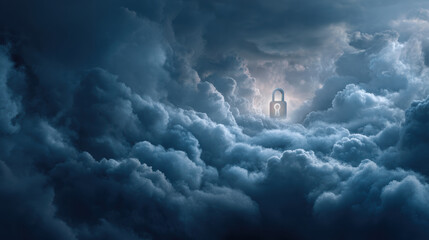 Cloud security lock privacy protection data safety cyber defense encryption concept dark dramatic sky