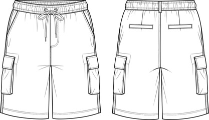 Vector Fashion Flat Sketch of Men's Cargo Shorts Featuring an Elastic Waistband with Drawstring Large Side Patch Pockets with Flaps and Welt Back Pockets for Apparel Design