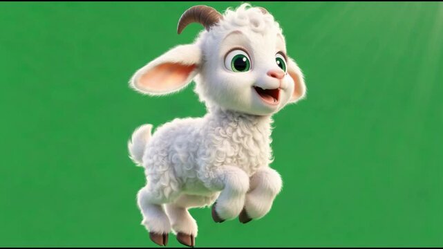 Joyful 3D Animated White Baby Goat Kid Jumping and Smiling Against a Bright Green Chroma Key Background, Cute Cartoon Character for Design and Fun