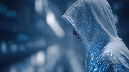 Cybersecurity hacker hooded sweatshirt digital code blue light data security anonymity mysterious profile