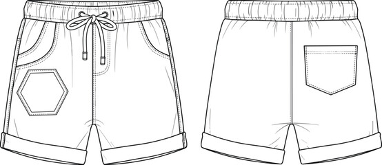 Vector Fashion Flat Sketch of Men's Casual Shorts Featuring an Elastic Waistband with Drawstring Front Pockets with Hexagonal Patch Detail and a Single Back Square Pocket