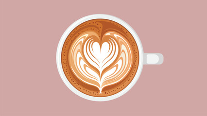 Top view of white coffee cup with heart shaped latte art foam vector illustration on pink background