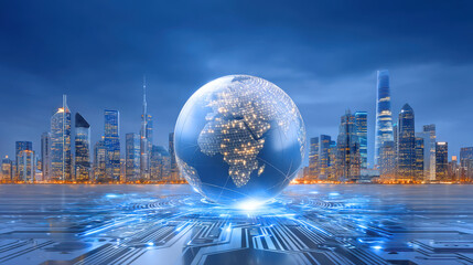 Glowing digital globe above futuristic city skyline with illuminated network connections and vibrant blue circuitry