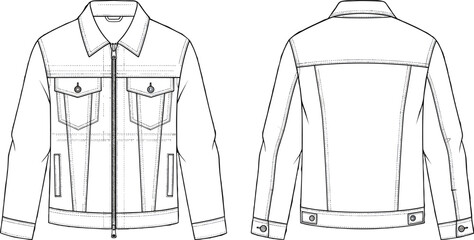 Vector Fashion Flat Sketch of Men's Denim Style Zip-Up Jacket Featuring a Classic Collar Front Yoke Two Buttoned Chest Pockets and Welt Side Pockets for Apparel Design Template